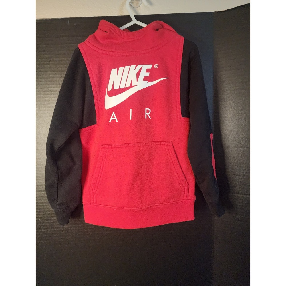 Nike Air Boys Red Black Colorblock Fleece Hoodie Sweatshirt Size 4-5Y 104-110cm